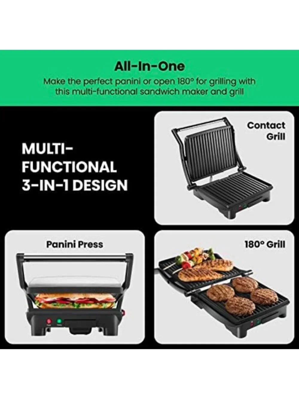 Non-Stick Panini Press & Grill - 180° Opens, Stainless Steel, 4 Slice, Easy